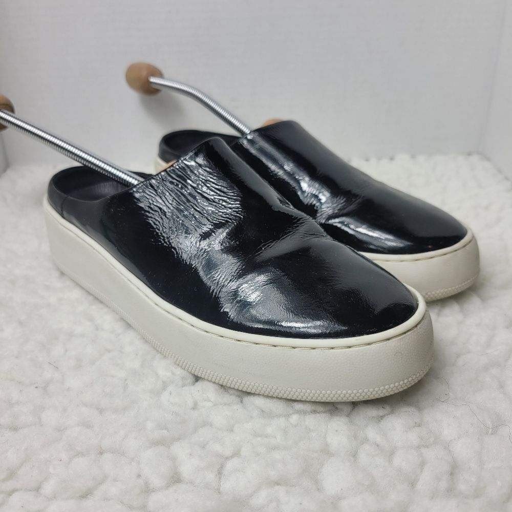 Free People Black Shiny Patent Leather Wynwood Slip On Slide Platform Mules